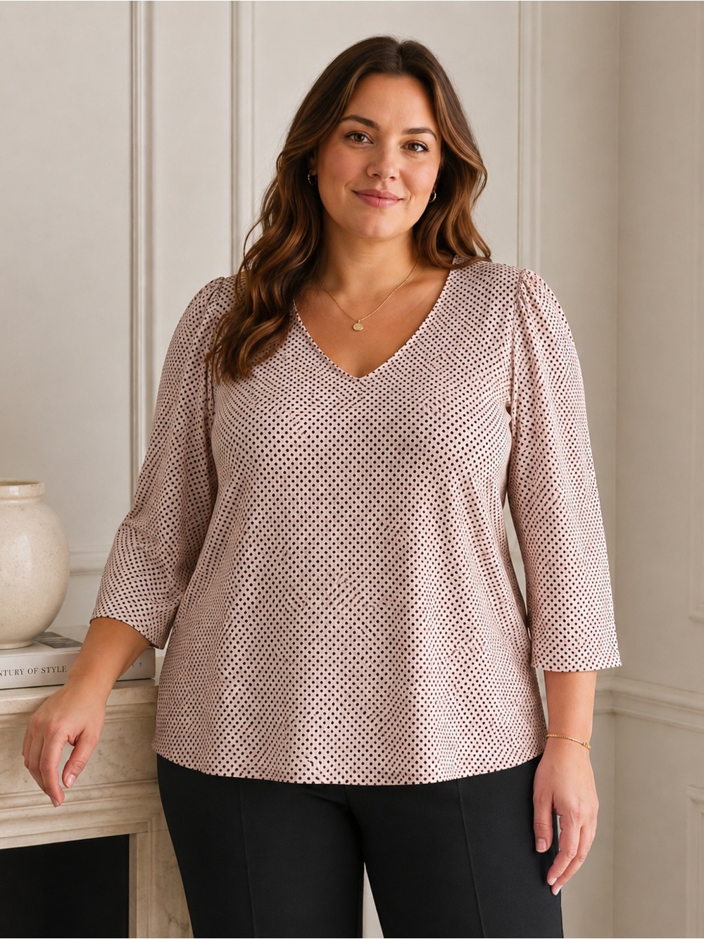 Adrianna Papell 3X Champagne Black Polka Dot 3/4  Sleeve Stretch Top Effortless